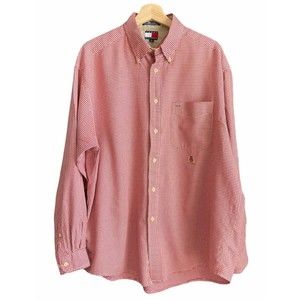 Vintage Tommy Hilfiger Shirt Large Red White Check Long Sleeve Button Up Crest